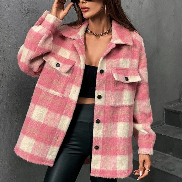 . Jackets & Blazers - Pink Boho Womens Buffalo Plaid Flap Pocket Drop Shoulder Coat